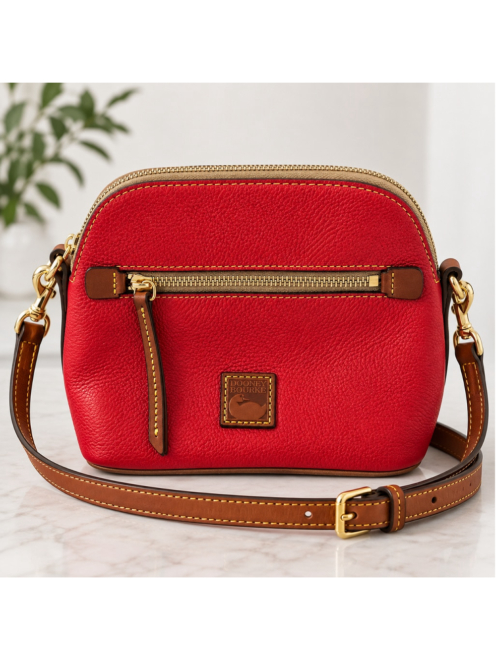 Dooney & Bourke Red Pebble Leather Crossbody Bag Brown Trim 53" Strap